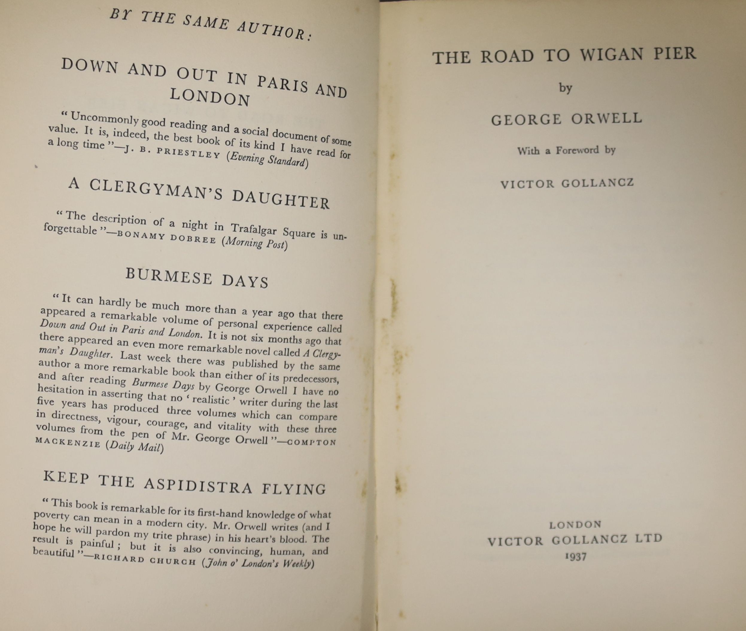 Orwell, George - The Road to Wigan Pier, ‘’Left Book Club Edition’’, original printed wraps, owners inscription to front fly leaf, Victor Gollancz, London, 1937